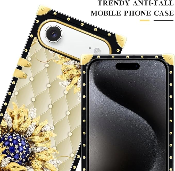 for iPhone 17 Air Case Luxury Golden Decoration for Girl Women Soft TPU Shockproof Protective Hard PC Back for iPhone 17 Air Crazy Pattern Sunflower Diamonds Leather