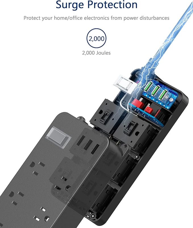 Outdoor Power Strip Weatherproof with USB,Waterproof Surge Protector,3 USB Ports,6 Outlets,Multi Plug Electrical Outlet for Camping,Home Office Patio Porch,etc,6FT Cord,Flat Plug