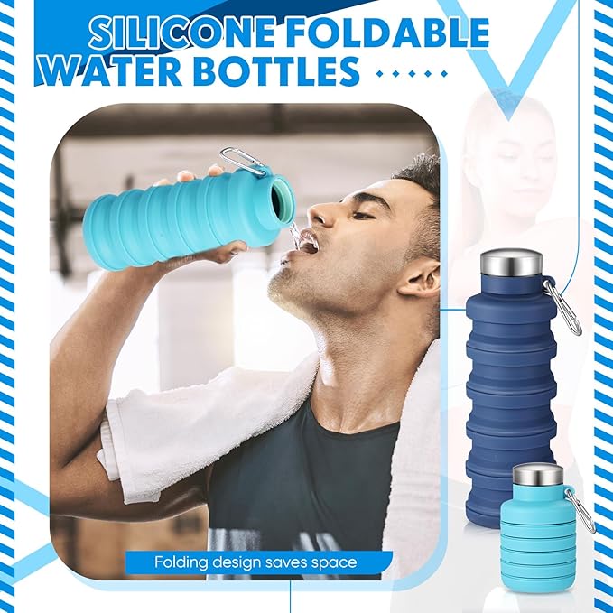 Baderke 2 Pcs Collapsible Water Bottles 17oz Silicone Travel Foldable Portable Water Bottle with Buckle Silicone Lightweight Reusable Leakproof for Camping Hiking Cycling Sport(Navy Blue,Blue)