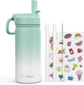 Kids Water Bottle, 16oz Kids Water Bottle with Stickers for School, insulated Stainless Steel Straw Cup(Green/White)