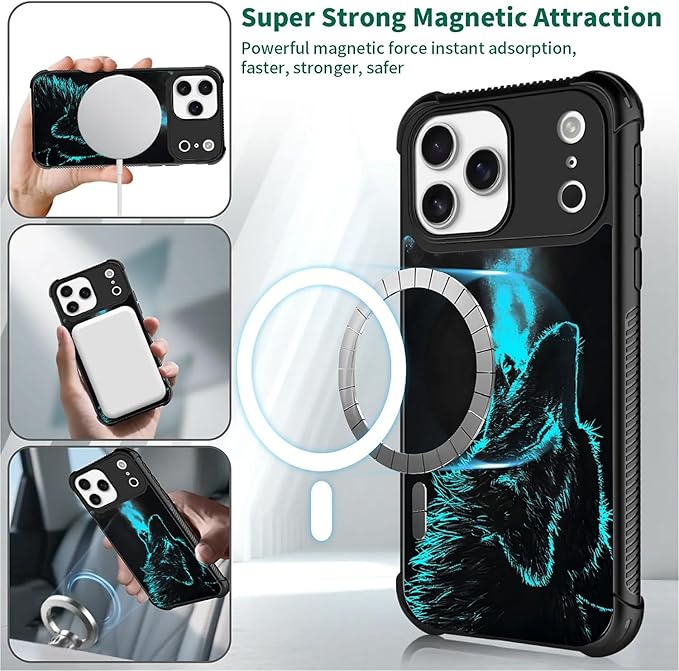 for iPhone 17 Pro Max Case,for MagSafe Graphic Design for Girl Boy Soft Silicone Hard Acrylic Shock Protection Designed for iPhone 17 Pro Max Blue Breathing Wolf Pattern
