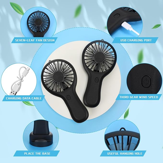 Woanger 12 Pcs Mini Handheld Fan Bulk 3 Speed USB Electric Battery Operated Small Portable Pocket Fan with Data Cable and Mounting Base Quiet Summer Gift for Wedding Camping Travel(Black)