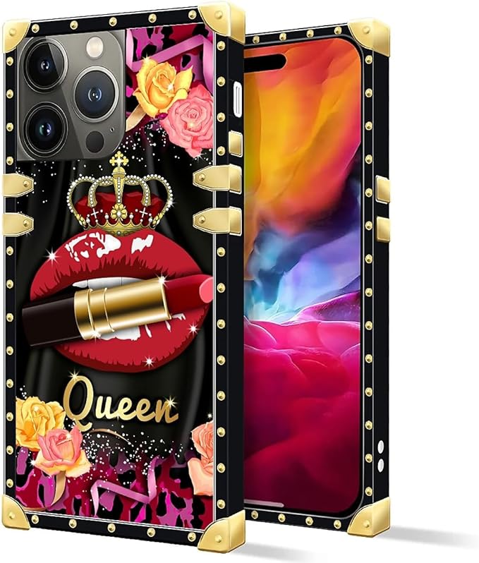 Compatible with iPhone 15 Pro Max Case, Queen Lip Crown Leopard Print Luxury Golden Decoration for Girl Women Soft TPU Shockproof Protective Hard PC Back for iPhone 15 Pro Max
