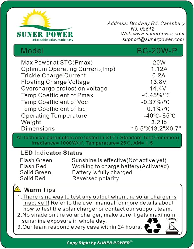SUNER POWER 20W 12V Solar Battery Charger Maintainer, Built-in Smart MPPT Charge Controller, Adjustable Mount Bracket, Waterproof 20 Watt Solar Panel Kits for Car Automotive Boat Marine RV Trailer