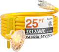 25 ft 12 Gauge Heavy Duty 3 Outlet Extension Cord Splitter with Indicator, Waterproof Outdoor Extension Cord with Multiple Outlets, 15A 1875W for Garden, ETL Listed, Flexible Yellow SJTW