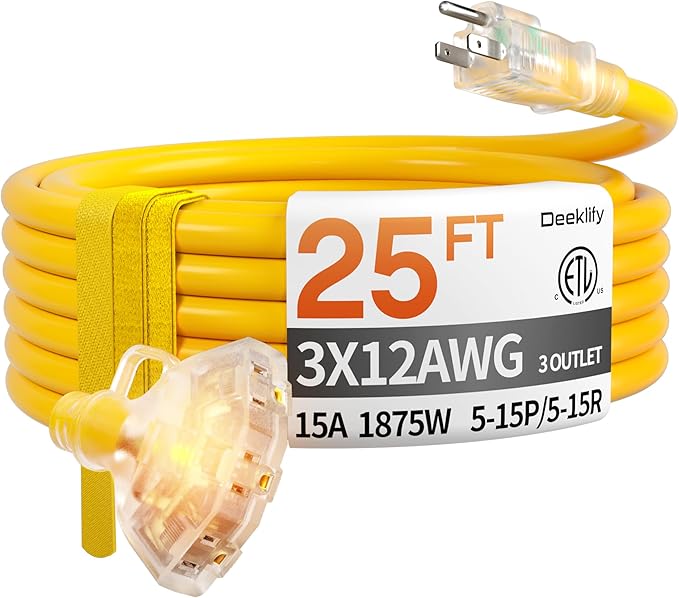 25 ft 12 Gauge Heavy Duty 3 Outlet Extension Cord Splitter with Indicator, Waterproof Outdoor Extension Cord with Multiple Outlets, 15A 1875W for Garden, ETL Listed, Flexible Yellow SJTW