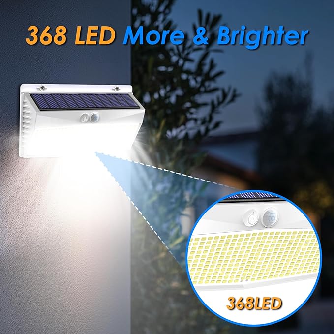 Peasur 1 Pack 368 LED Solar Lights Outdoor Motion Sensor, Solar Fence with 3 Lighting Modes, Powered Security Waterproof for Outside Yard Wall Garden,White