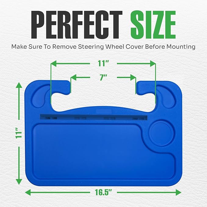lebogner Steering Wheel Tray, Car Food Trays for Eating with iPad Tablet Slot, Multipurpose Double-Sided Hook On Travel Auto Steering Wheel Desk Table for Laptop & Notebook with Cup Holder, Dark Blue