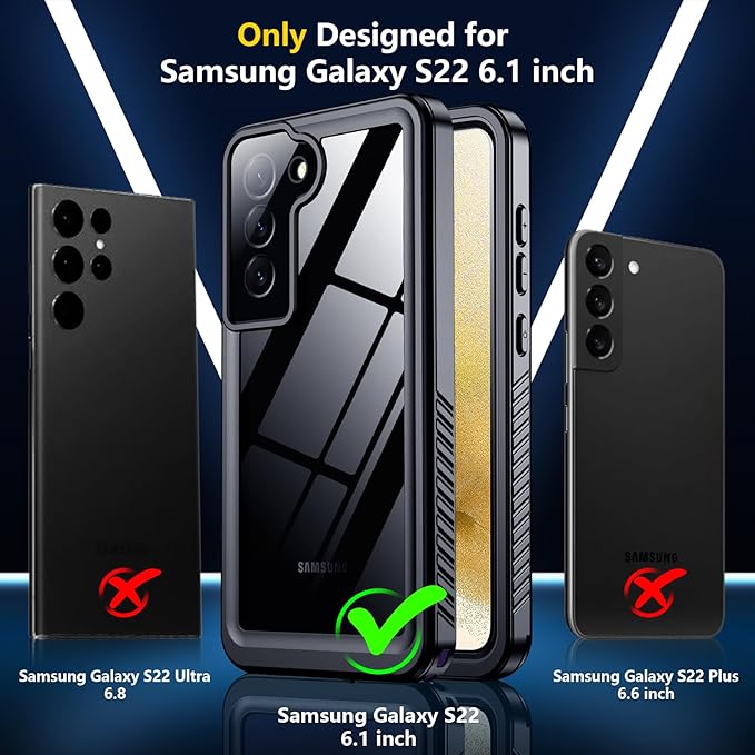 SPIDERCASE for Samsung Galaxy S22 Waterproof Case, [12FT Military-Grade Drop Protection] IP68 Water Resistance [Built-in Screen Protector] Full Body Sealed Protection Phone Case 6.1", Black/Clear