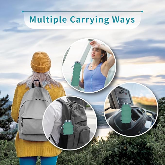 Collapsible Water Bottles 17oz, Odorless BPA-Free Silicone, Leak-Proof Foldable Reusable Bottle - Perfect for Travel Sports Gym Hiking Camping Cycling - Light Taupe