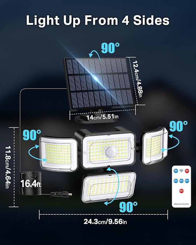 CLAONER Solar Outdoor Lights Motion Sensor 3500LM 288 LED Solar Security Lights with Remote Control IP67 Waterproof 4 Heads Flood Lights with 16.4ft Cable 4 Modes Wall Lights(6 Pack)