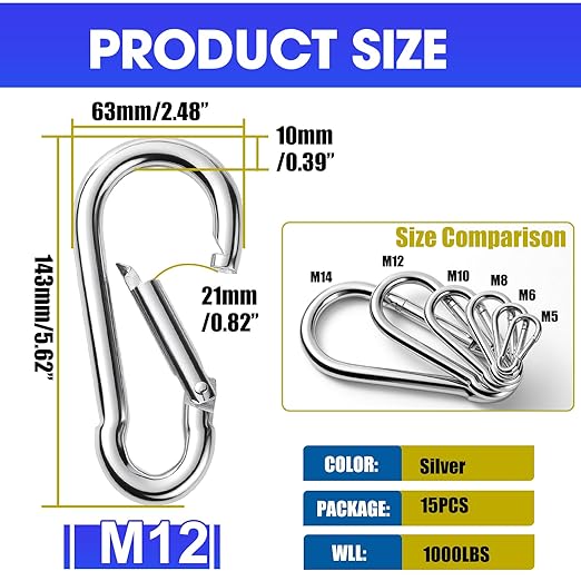 15Pack 5.5 Inch Spring Snap Hooks, Heavy Duty Carabiner Clips for Swing, 12MM 1/2” Quick Chain Link Buckle Clip Keychain Carabiners for Hammock Fitness Gym Boating-1000lbs Capacity
