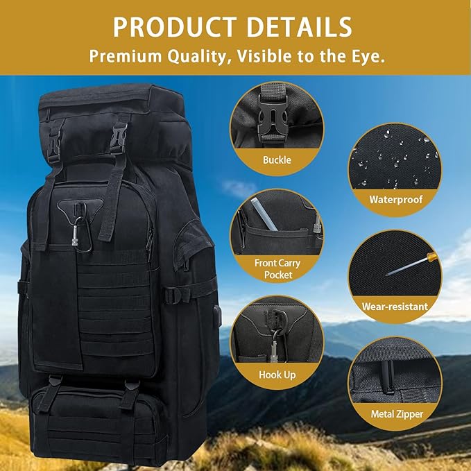 80L Camping Hiking Backpack, Large Military Tactical Backpack with USB Charging Port, Waterproof Travel Daypack With Carabiner Outdoor MOLLE Rucksack for Men Women (Black)
