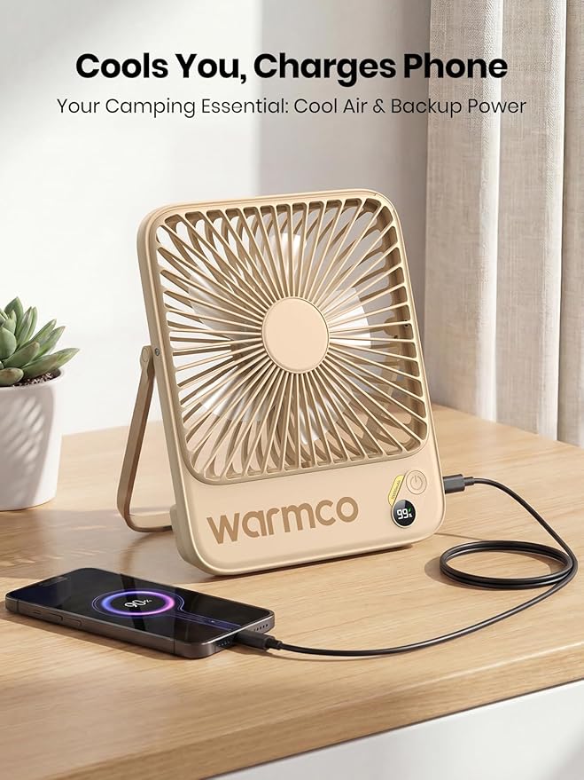 Warmco 10000mAh Portable Travel Fan 7-inch, Max 24H Runtime, Ultra-thin Quiet Rechargeable Battery Operated Desk Fan with Digital Display for Camping, Office, Bedroom, Cruise Essentials