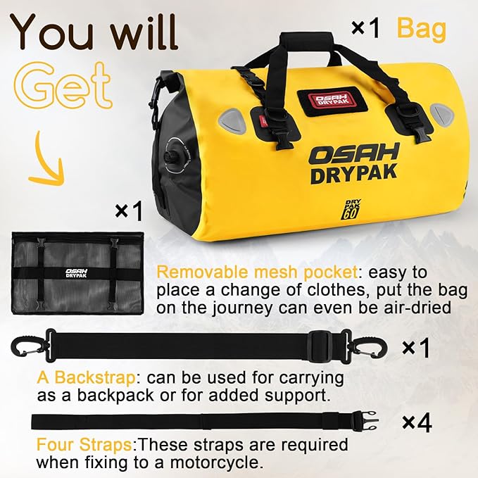 OSAH DRYPAK Waterproof Duffel Bag - Motorcycle Dry Bag Tail Bag with Large Storage Space, Waterproof Luggage Duffle Bags with Outer Mesh Zipper Pocket for Camping, Kayaking, Fishing & Traveling