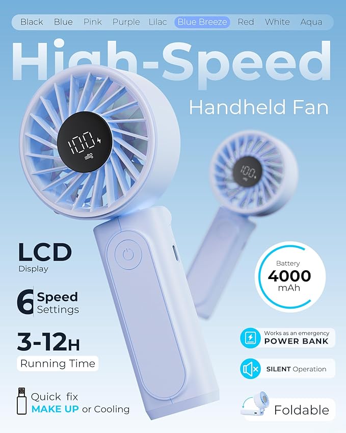 Peiyuu Portable Fan, 4000mAh Rechargeable, 180° Foldable Mini Desk Fan with 6 Wind Speed, LCD Digital Display, Lanyard as Neck Fan, Ultra Quiet, Pocket Size for Indoor Outdoor