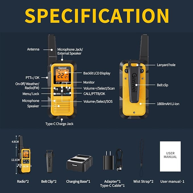 Gaswei G2pro+ IP67 Waterproof Floating Heavy Duty Walkie Talkies Long Range for Adults FRS Double PTT，FM radio,SOS,NOAA weather Rechargeable Two Way Radios 2 watts,VOX,Li-ion Battery (2 Pack - Yellow)