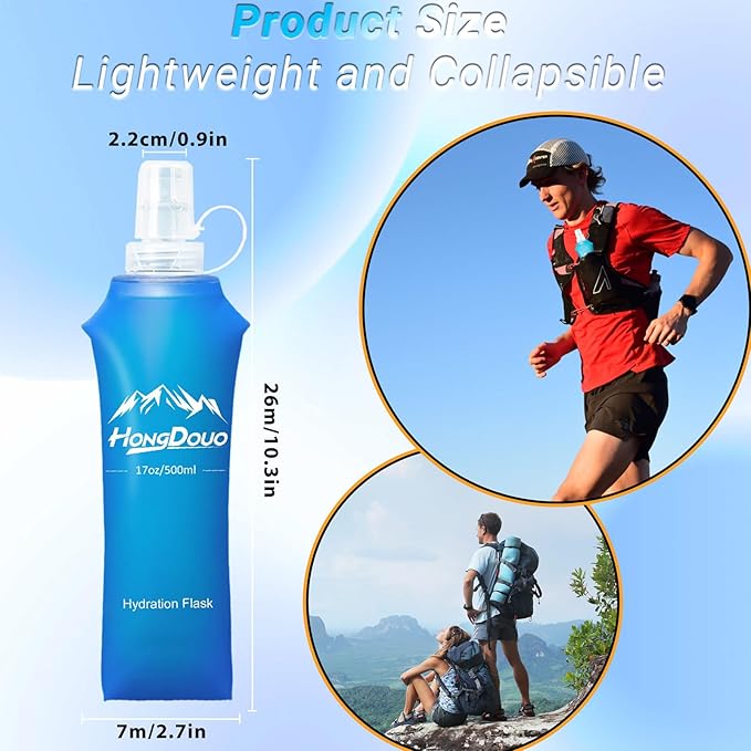 2 Packs Soft Flask, 17oz/500ml TPU Collapsible Soft Water Bottle for Hydration Pack, Running Vest, BPA-Free Folding Water Bottles for Hiking Cycling Climbing Running Outdoor Sports