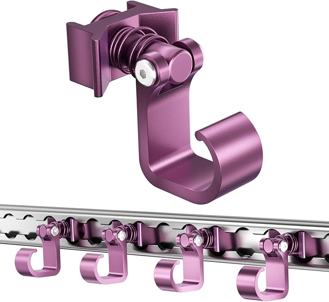4 Pack L Track Hooks with Single Stud Fitting, Spring-Loaded Adjustable Gear Hook, Aluminum L Track Accessories for Trailer, Truck, Garage, Tie Down System, 100LBS Max Load Capacity – Purple