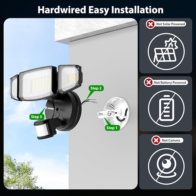 iMaihom 65W 6500LM LED Security Lights Motion Sensor Light Outdoor, 6500K Daylight, IP65 Waterproof, Dusk to Dawn, Hardwired 3-Head Motion Detected Flood Light for Garage, Yard, Porch (Black, 2 Pack)