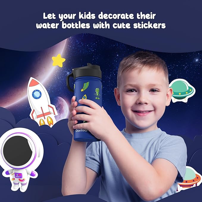 Kids Water Bottle, 16oz Kids Water Bottle with Stickers for School, insulated Stainless Steel Straw Cup(Sapphire Blue)