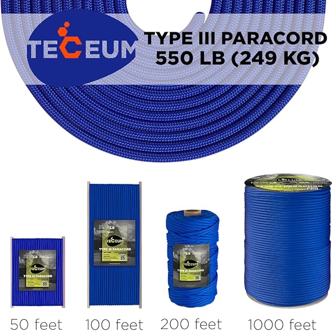 TECEUM Reflective Paracord Rope 1000 – 1000ft/200ft/100ft/50ft – 40+ Colors – Glow in The Dark – para Cord – Utility Rope for Survival, Hunting & Camping Gear – Nylon String, Camping Rope, Tent Cord