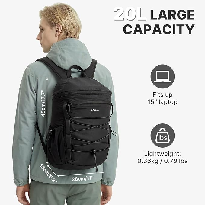 G4Free Hiking Backpack for Women Men 20L Lightweight Travel Backpacks Daypack Outdoor Daily Camping, Black