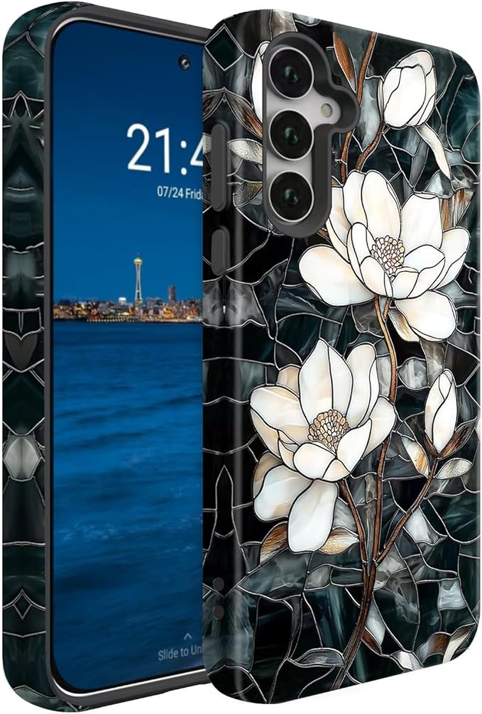 Compatible for Samsung Galaxy A16 5G Case, Dual Layer Heavy Duty 2 in 1 Shockproof Protective Phone Case,Stained Glass White Magnolia