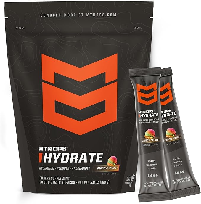 MTN OPS Hydrate Low Sugar Electrolyte Powder Drink Mix with 1g D-Ribose Sugar, 1000mg Electrolytes, On-The-Go Packs, 20 Stick Packs, Rainbow Sherbet