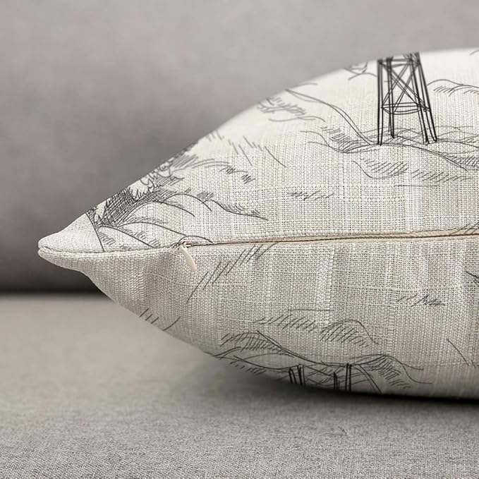 TKS MITLAN Mountain Ski Lift Pillow Cover 18x18 inch Sketch White Wintertime Snow Landscape Resort Rustic Linen Throw Pillow Covers 18x18 Inch for Sofa Couch Decoration