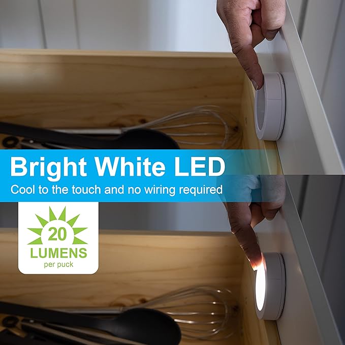 GE Wireless LED Tap-Lights, Battery Operated, 20 Lumens, Touch-Activated Puck Lights, Stick-On for Under Cabinet, Kitchen, Closet, or Garage, 2-Pack 25434
