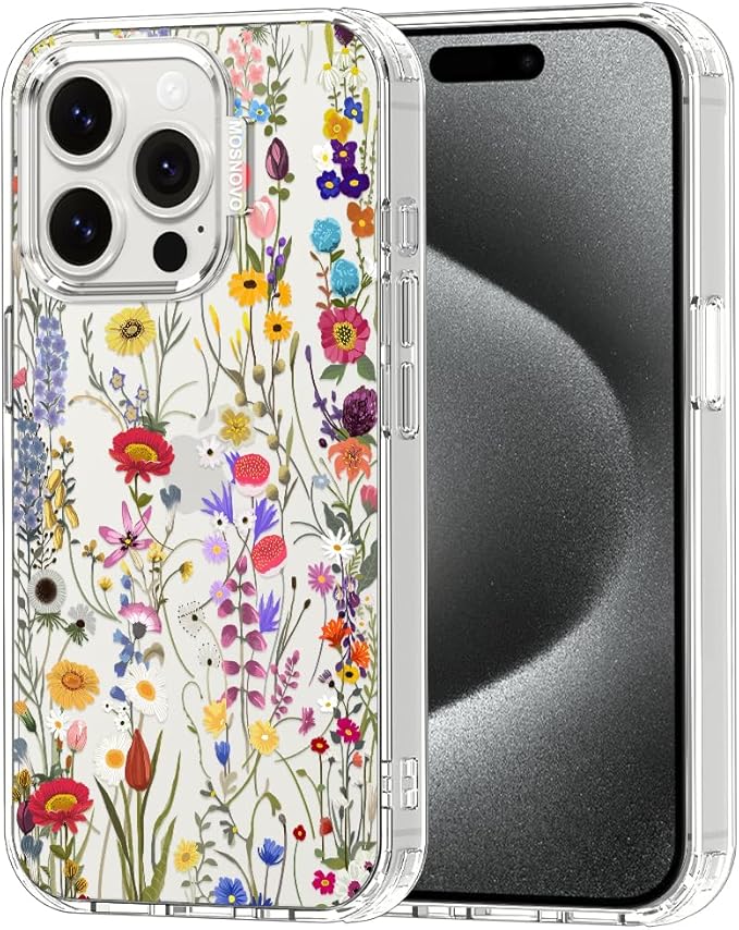 MOSNOVO Case for iPhone 15 Pro, [Buffertech 6.6ft Military-Grade Drop Protection] [Anti Peel Off Tech] Clear TPU Bumper Phone Case Cover Design - Wildflower Meadow