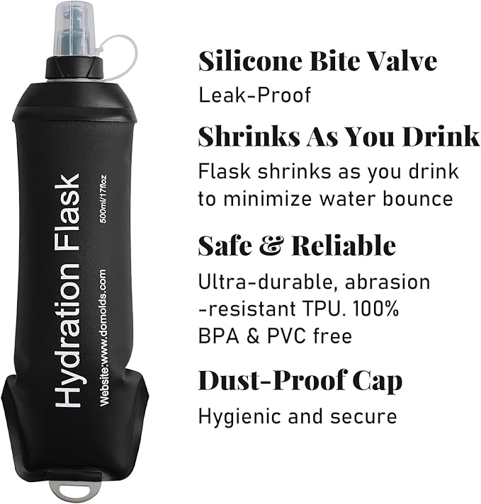 2Pcs 500ml Soft Flask, TPU Collapsible Soft Water Bottle for Hydration Pack, Running Vest, Leak-Proof Folding Water Bottle for Hiking Cycling Climbing Jogging- Black