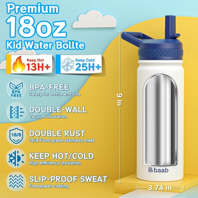 baab 18oz Kids Water Bottle, Insulated Water Bottle with Straw & Stickers, 18/8 Stainless Steel Vacuum Leakproof Kids Water Straw Cup for School, Gift for Boy Girl (Rose Pink+White, 2 Pack)