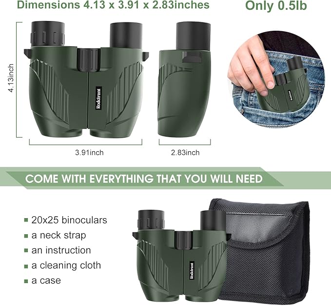 20X25 Compact Binoculars for Adults,Large Eyepiece Waterproof Binocular,Easy Focus Small Binoculars for Bird Watching,Hiking and Concert,Green