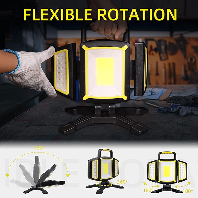 YZONI Rechargeable Work Light, 30W 3000Lumen LED Work Light with 5 Modes, Battery Powered Magnetic Lights with 360°Rotate Foldable Design, Job Site Lighting for Car Repair, Garage, Workshop, Camping