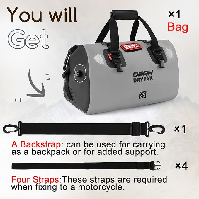 OSAH DRYPAK Waterproof Duffel Bag - Motorcycle Dry Bag Tail Bag with Large Storage Space, Waterproof Luggage Duffle Bags with Outer Mesh Zipper Pocket for Camping, Kayaking, Fishing & Traveling