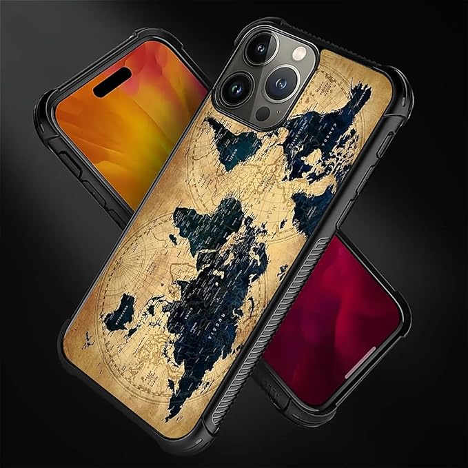 for iPhone 16 Pro Max Case, Brown World Map Pattern Graphic Design Girl Boy Soft Silicone Hard Acrylic Shock Protection for iPhone 16 Pro Max