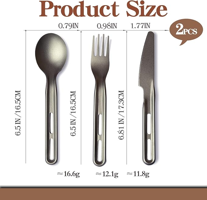 Titanium Flatware Knife Fork Spoon 2Sets - Ultralight For Backpacking, Hiking, Travel Dinnerware Easy Clean Compact