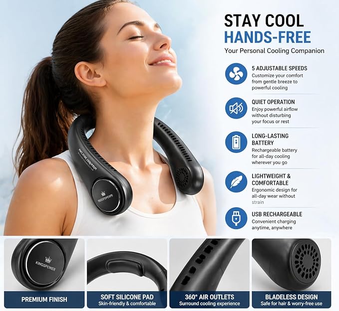 Portable Neck Fan, Bladeless Neck Fan with 5 Speeds, Hands-Free Wearable Fan, USB Rechargeable Personal Cooling Fan, Quiet Lightweight for Travel, Outdoor Use