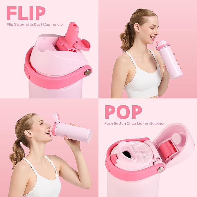 24 oz Insulated Water Bottle with Straw, Stainless Steel Water Bottle with 2-in-1 Push-Button Spout & Quick-Flip Straw, Fits Car Cupholder, Leakproof, for Gym, Travel, School, Camping, Pink