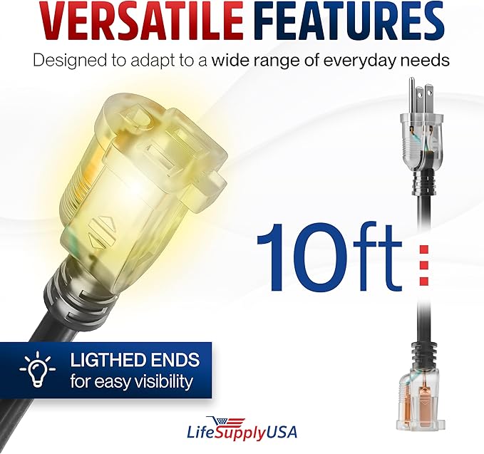 10ft Outdoor/Indoor Extension Cord 10/3 Gauge Ultra Heavy Duty 3 Prong SJTW, Waterproof, Flexible Cold-Resistant Long Power Cord,15A 125V 1875W, Black by LifeSupplyUSA