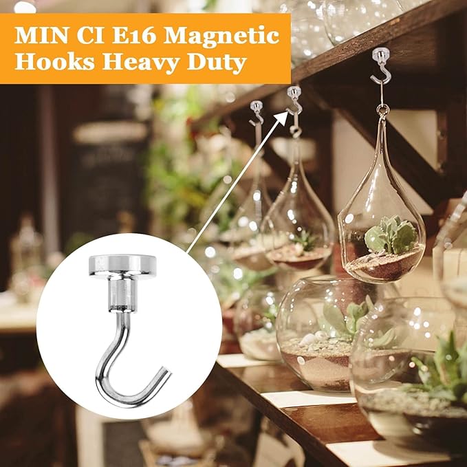 MIN CI Magnetic Hooks Heavy Duty, 35lb+ Strong Magnetic Wall Hooks for Hanging, Neodymium Metal Magnets with Hooks Large Magnetic Hooks, for Classroom Cruise Fridge Kitchen, Pack of 12
