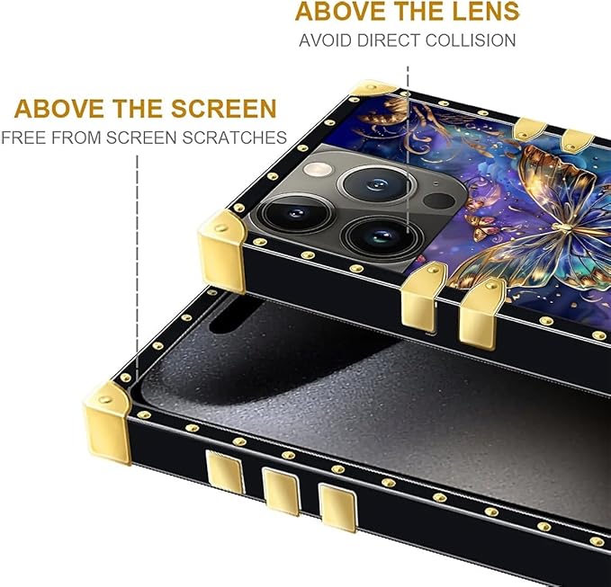 Compatible with iPhone 16 Pro Case, Glistening Golden Butterfly Vibrant Purple Blue Luxury Golden Decoration for Girl Women Soft TPU Shockproof Protective Hard PC Back
