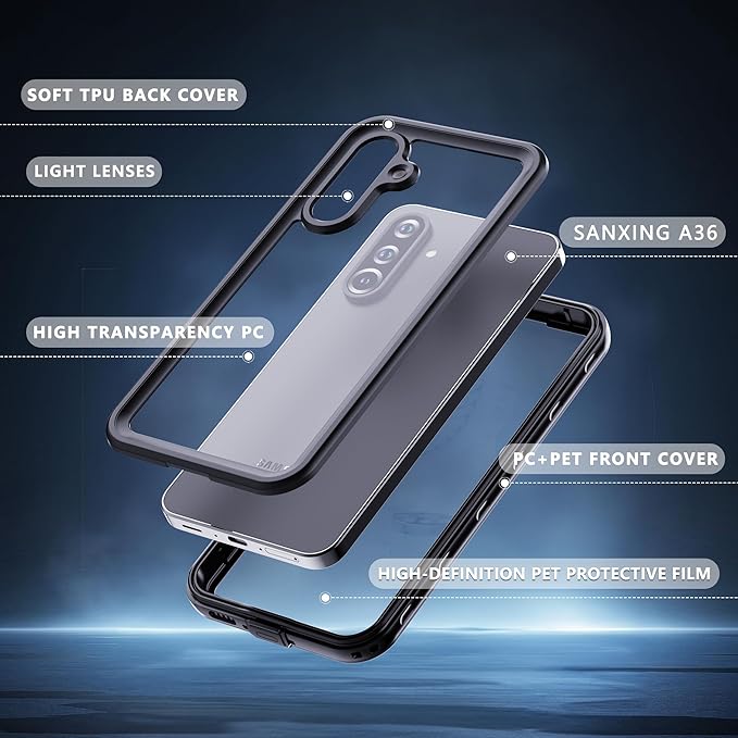 for Samsung Galaxy A37/A36 5G Case, IP68 Waterproof Shockproof Case, [Built-in Screen Protector] Military Dropproof Full Body Heavy Duty Rugged Phone Case for A37/A36 5G - Black/Clear
