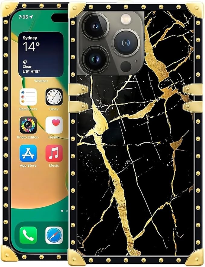 Compatible with iPhone 14 Pro Max Case, Black Gold Marble Nature Luxury Golden Decoration for Girl Women Soft TPU Shockproof Protective Hard PC Back for iPhone 14 Pro Max