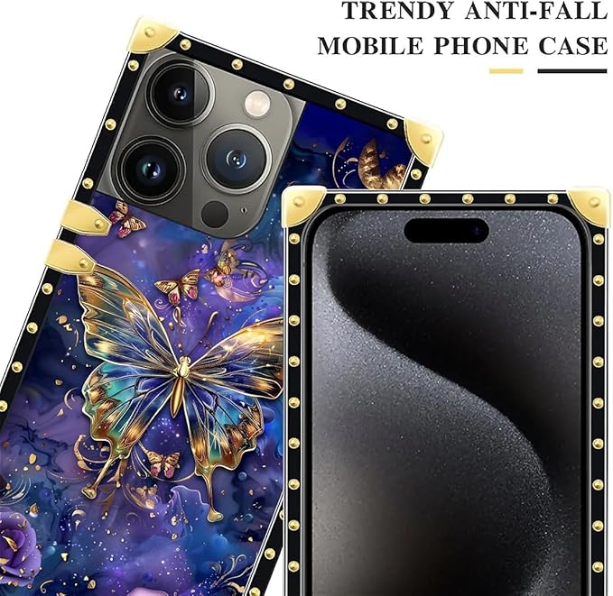 Compatible with iPhone 16 Pro Case, Glistening Golden Butterfly Vibrant Purple Blue Luxury Golden Decoration for Girl Women Soft TPU Shockproof Protective Hard PC Back
