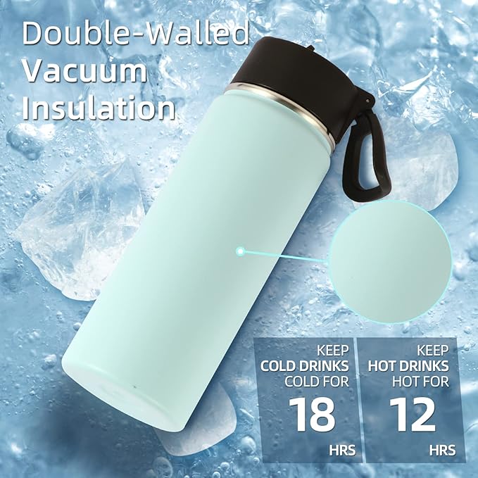 Volhoply 18oz Insulated Water Bottle Bulk 8 Pack,Kids Stainless Steel Water Bottles with Straw,Double Wall Vacuum Metal Cups Water Bottle,Wide Mouth Reusable Sport Flask for Cold Drink(Fog,8 Set)
