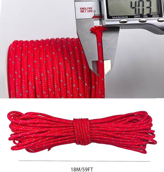 Dyneema Reflective Rope -2mm 400kg Fracture Strain - Suitable for Tents, Kite Surfing, and Other 65 feet (red, 2mm) (red, 4mm)