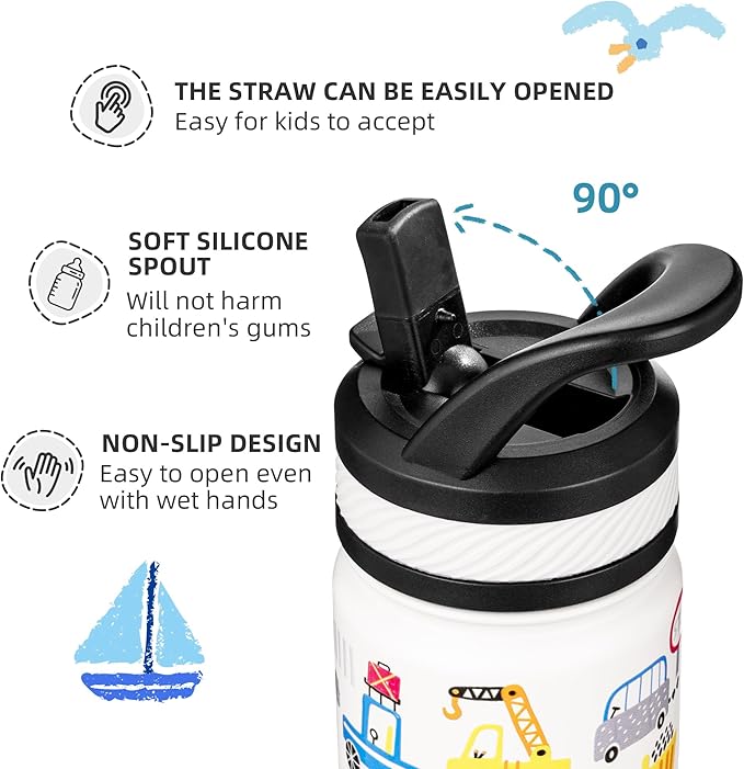 Fanhaw 18 Oz Kids Insulated Water Bottle with Straw - Stainless Steel Double Wall Vacuum Cup, Leakproof, BPA Free, Suitable for Boys and Girls(White - Heavy Traffic)